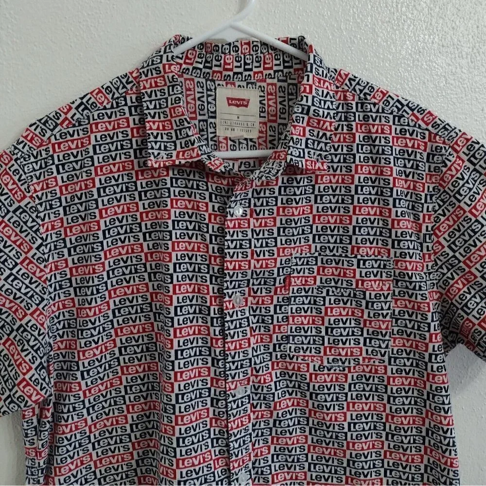 Levis Classic Retro Logo Pattern Button Down Shirt Short Sleeve Mens Medium